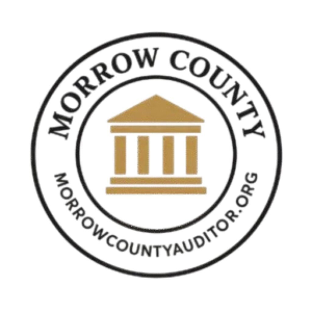 Modern green farmland logo design for Morrow County featuring rolling fields, hills, and sunrise landscape in minimalist vector style.