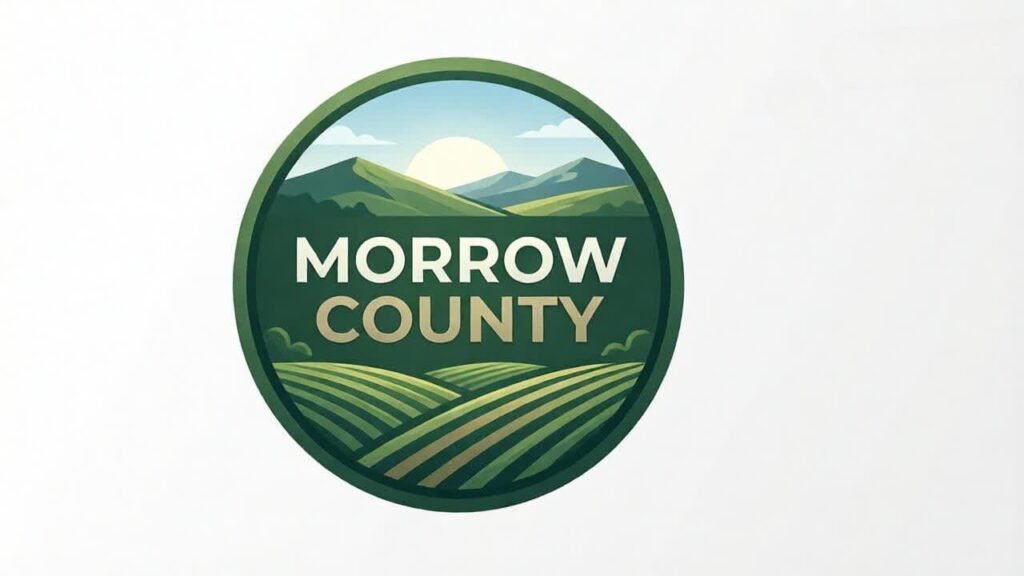 Modern green farmland logo design for Morrow County featuring rolling fields, hills, and sunrise landscape in minimalist vector style.