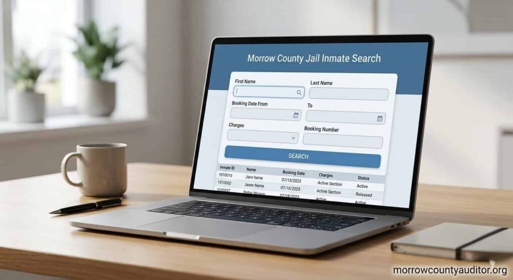Morrow County Ohio jail inmate roster search interface showing booking details charges and custody status online