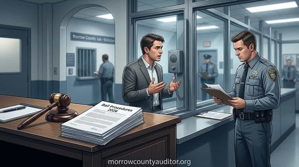 Morrow County Ohio jail bail procedures 2026 with officer reviewing documents and legal gavel.