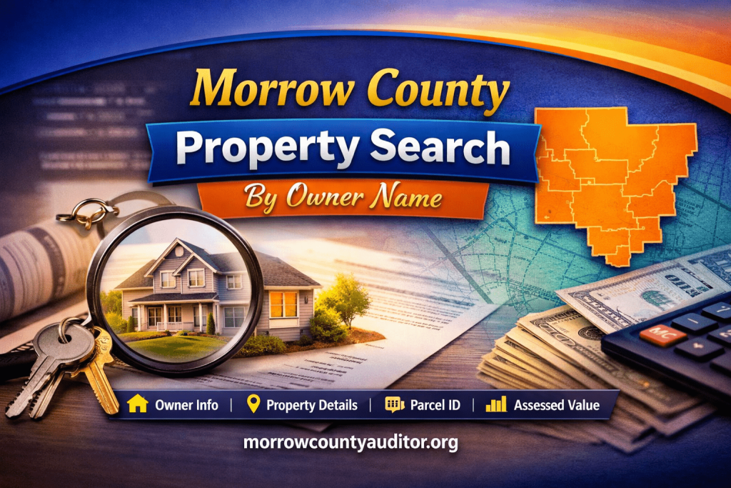 Featured image showing Morrow County property search by owner name with home, keys, map outline, and official records theme.