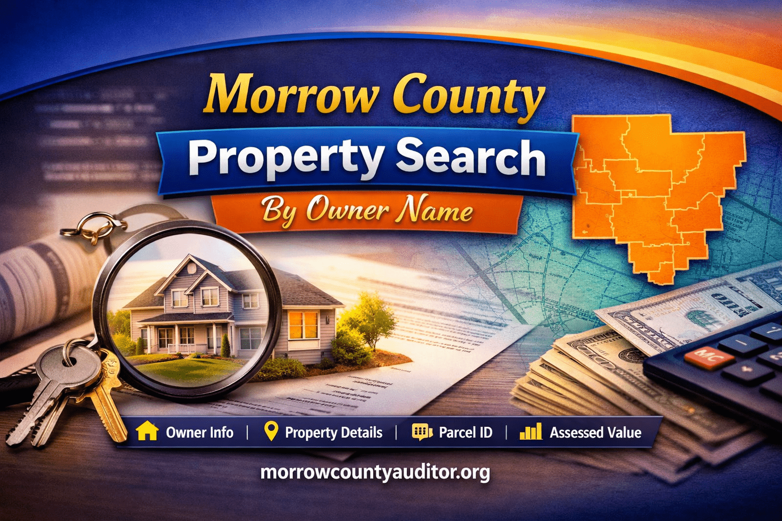 Featured image showing Morrow County property search by owner name with home, keys, map outline, and official records theme.
