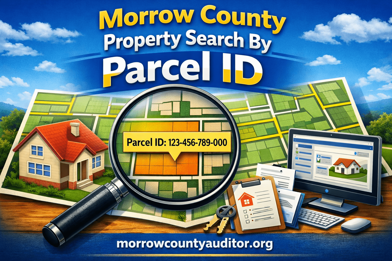 Featured image for Morrow County Property Search By Parcel ID showing a map, magnifying glass, and property details.