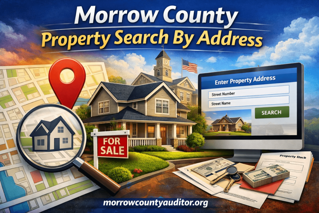 Morrow County property search by address showing map pin, home, and digital address lookup interface with official watermark.