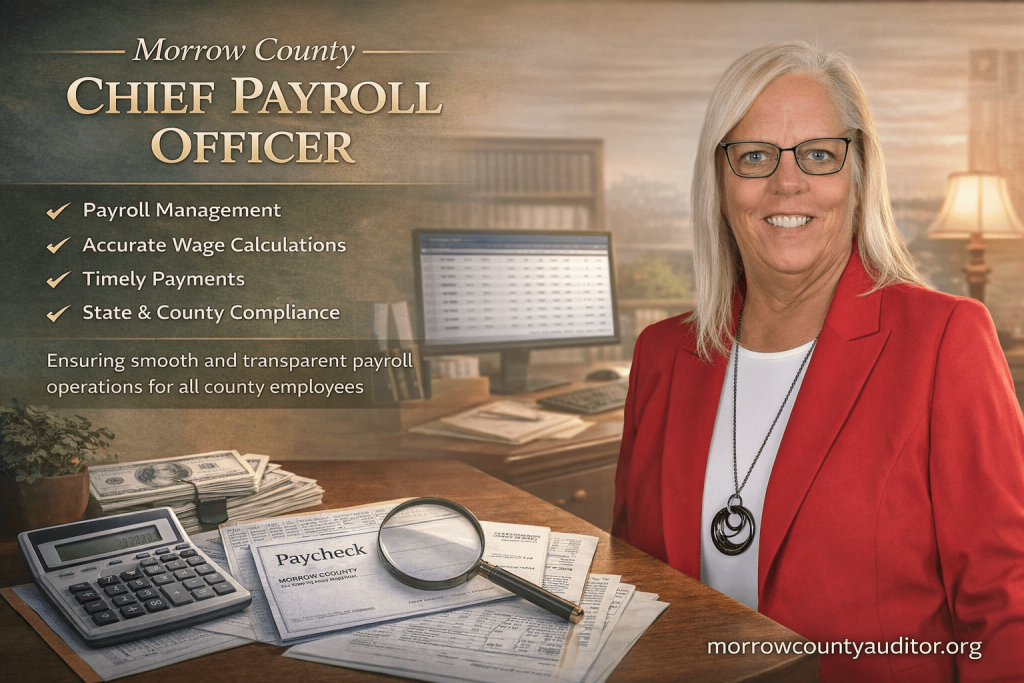 Chief Payroll Officer of Morrow County shown in a professional payroll-themed visual with compliance, wage calculation elements, and watermark morrowcountyauditor.org.