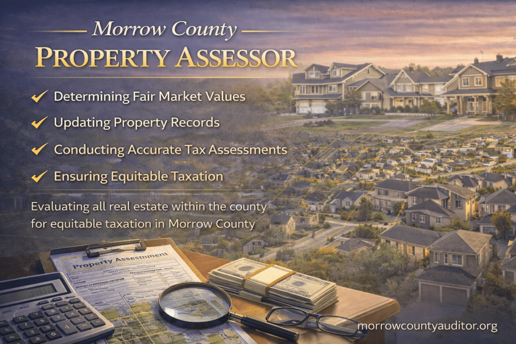 Morrow County Property Assessor visual showing residential properties, parcel mapping, and valuation tools with official watermark morrowcountyauditor.org.