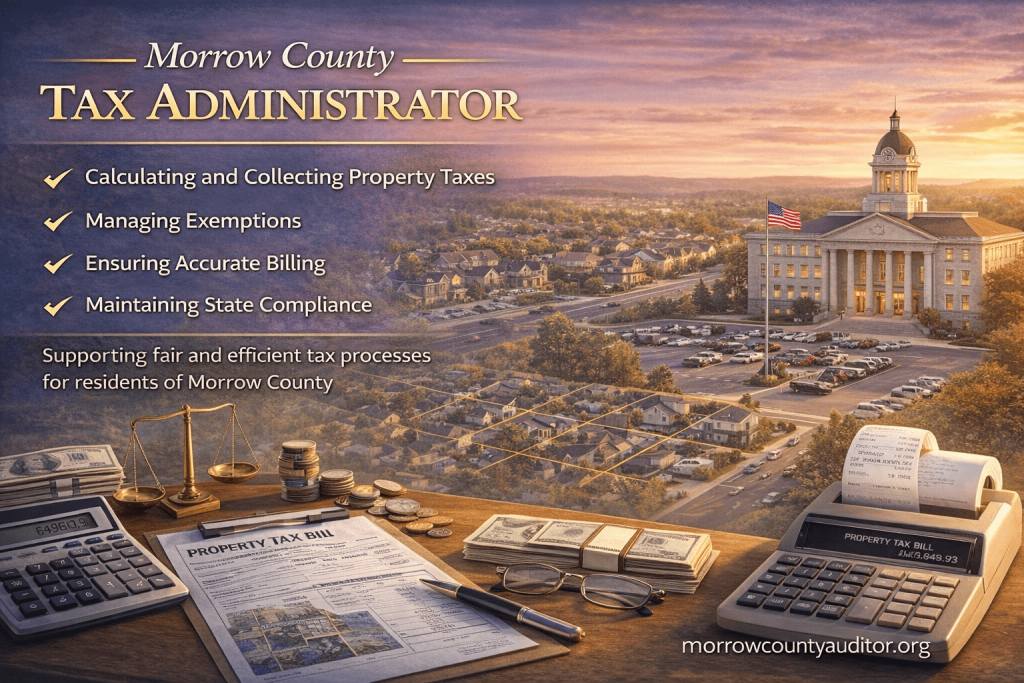 Morrow County Tax Administrator visual showing property tax billing, calculations, compliance elements, and official watermark morrowcountyauditor.org.