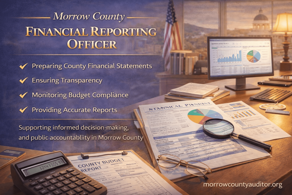 Financial Reporting Officer in Morrow County visual showing financial statements, budget charts, transparency icons, and watermark morrowcountyauditor.org.