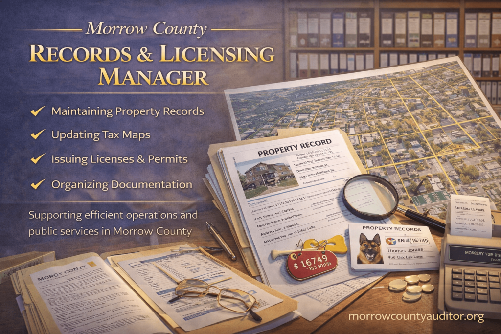 Records & Licensing Manager graphic showing property records, tax maps, issued licenses, organized documents, and watermark morrowcountyauditor.org.