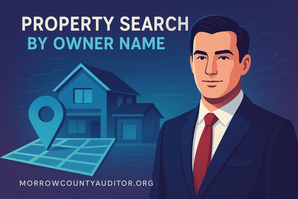 A modern flat-style illustration showing a house, location map icon, and a professional man representing the Property Search by Owner Name feature.