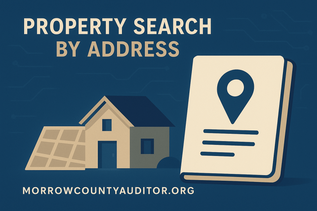 A modern flat illustration featuring a house, map grid, and an address document with a location icon.