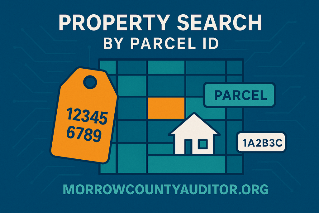 Modern flat-style illustration showing parcel ID map, tags, house icon, and tech background for Property Search with watermark MORROWCOUNTYAUDITOR.ORG.
