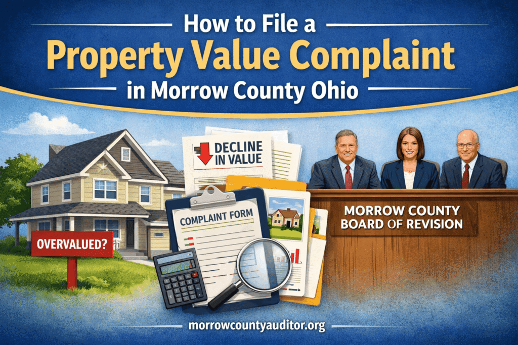 Unique infographic showing how to file a property value complaint in Morrow County Ohio with house, complaint form, and Board of Revision.