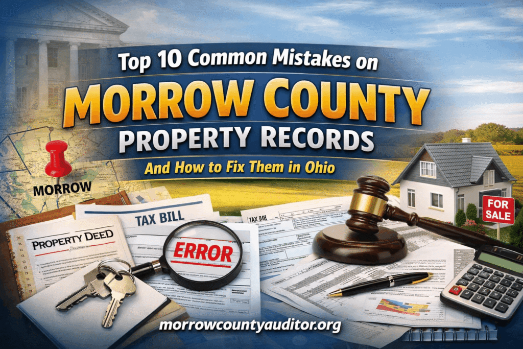 Unique, professional featured image for “Top 10 Common Mistakes on Morrow County Property Records and How to Fix Them Ohio” with property documents and county map background.
