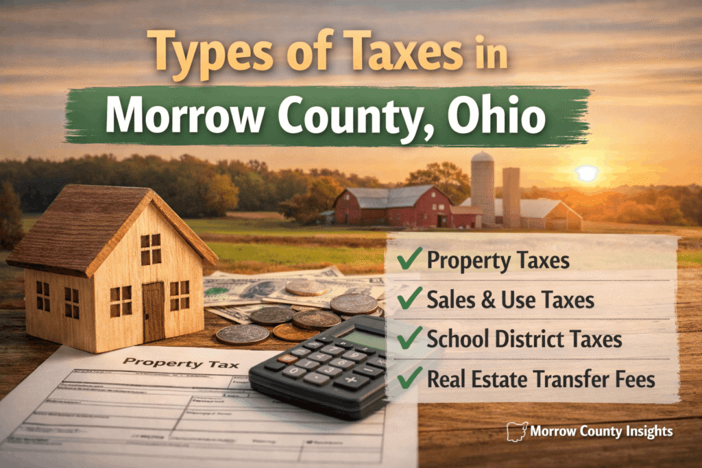 Featured image showing types of taxes in Morrow County, Ohio including property, sales, school district, and real estate transfer taxes with a rural backdrop.