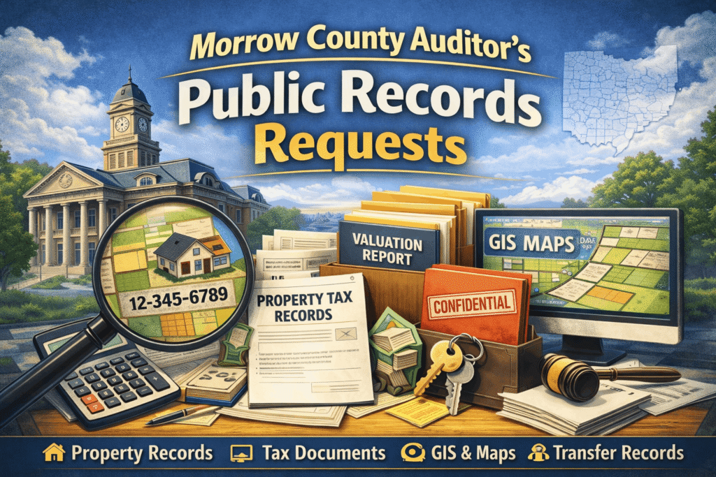 Morrow County Auditor’s Public Records Requests illustration showing property records, tax documents, GIS maps, and official audit files.