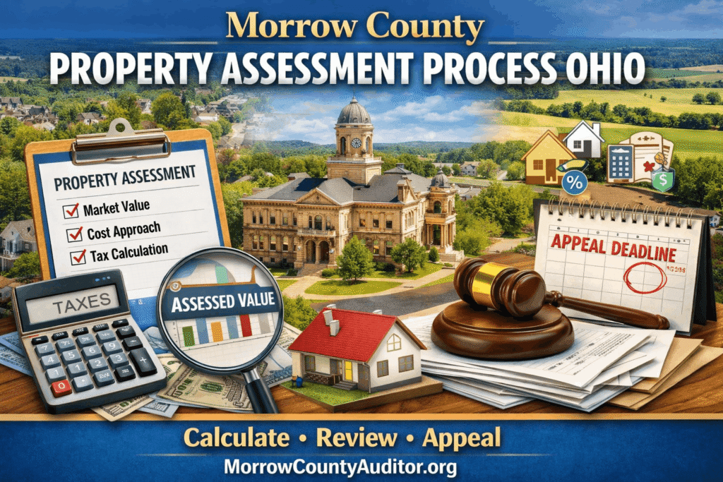 Professional infographic showing Morrow County property assessment process with clear steps and watermark.