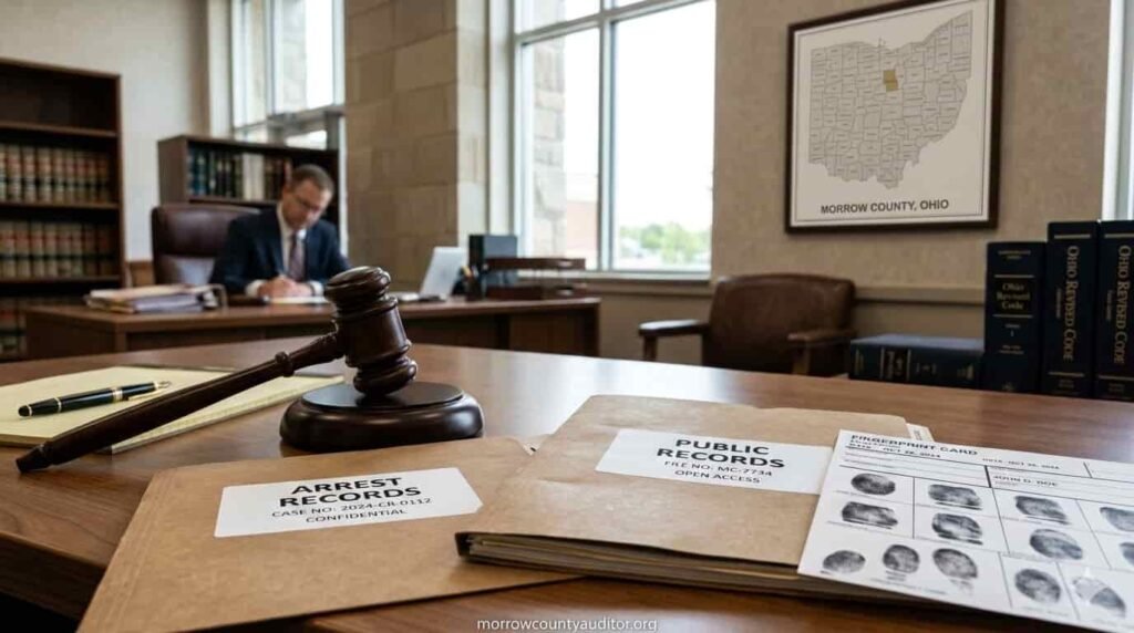 Morrow County arrest records and public records access with courthouse gavel and legal files in Ohio.