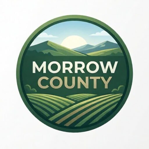 Modern green farmland logo design for Morrow County featuring rolling fields, hills, and sunrise landscape in minimalist vector style.