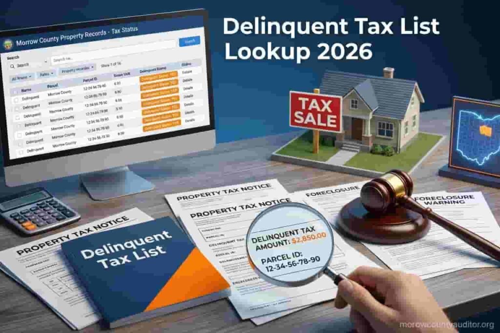 Morrow County delinquent tax list records showing unpaid property taxes and foreclosure risk in Ohio