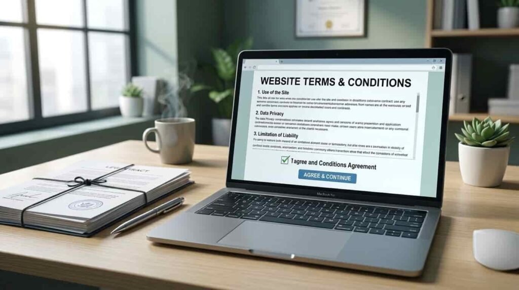 Website terms and conditions policy document concept on laptop screen